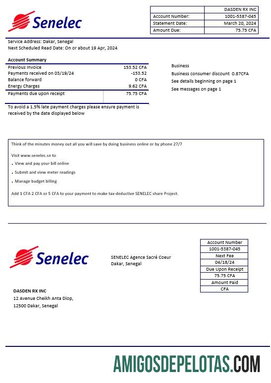 imprimível Senegal Senelec Agence Sacré Coeur Company Modelo de conta de serviços públicos de eletricidade em formatos Word e PDF